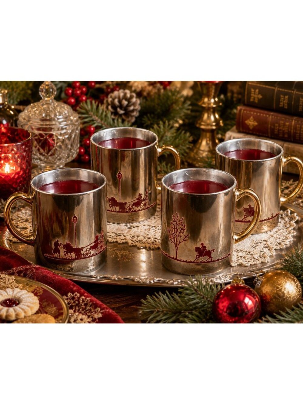Vintage Set of 4 Metallic Gold & Silver Etched 8 oz Coffee Mugs – Horse & Carria